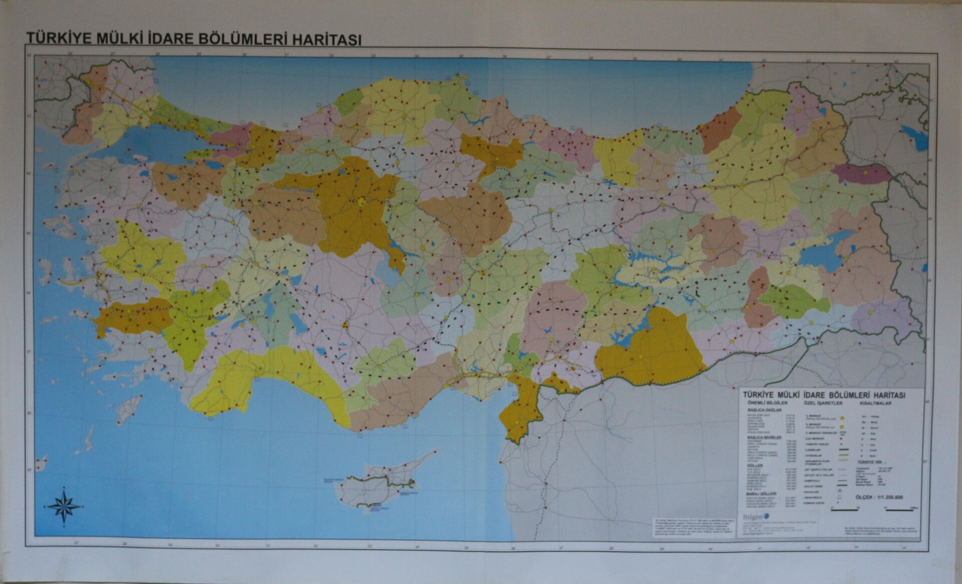 TÜRKİYE MÜLKİ İDARE BÖLÜMLERİ HARİTASI 80X135 CM